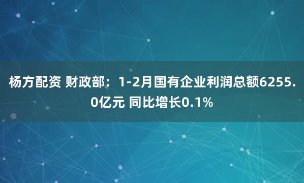 杨方配资 财政部：1-2月国有企业利润总额6255.0亿元 同比增长0.1%