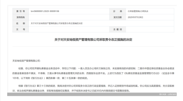 通昭配资 因股东出资不实等问题，天安地恒资管被监管责令改正